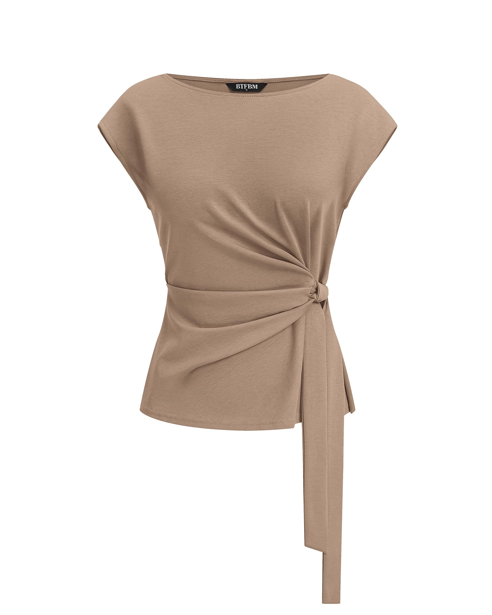 BTFBM Womens Tops Summer Cap Sleeve Crew Neck Tie Waist Blouses Dressy Casual Business Work Clothes Spring Fashion