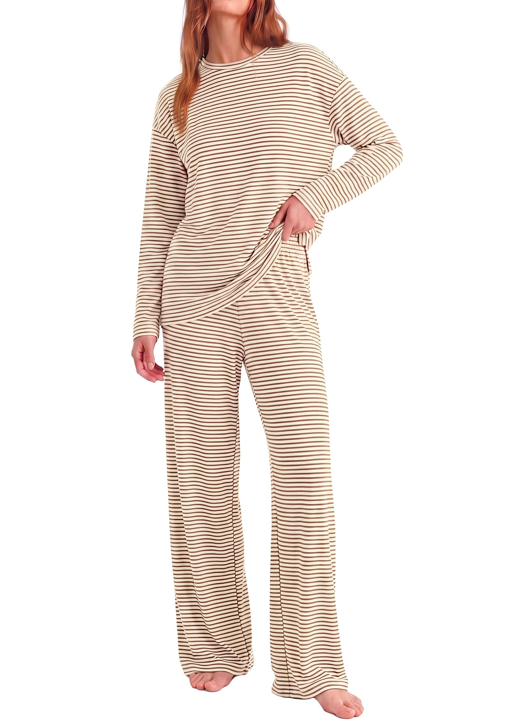 PRETTYGARDEN Womens Striped Lounge Set Fall Winter 2 Piece Sets Side Slit Long Sleeve T-Shirts & Wide Leg Pants, Matching Pajama Sets, Comfy Pj Set, Loungewear with Pockets, Fashion Clothes