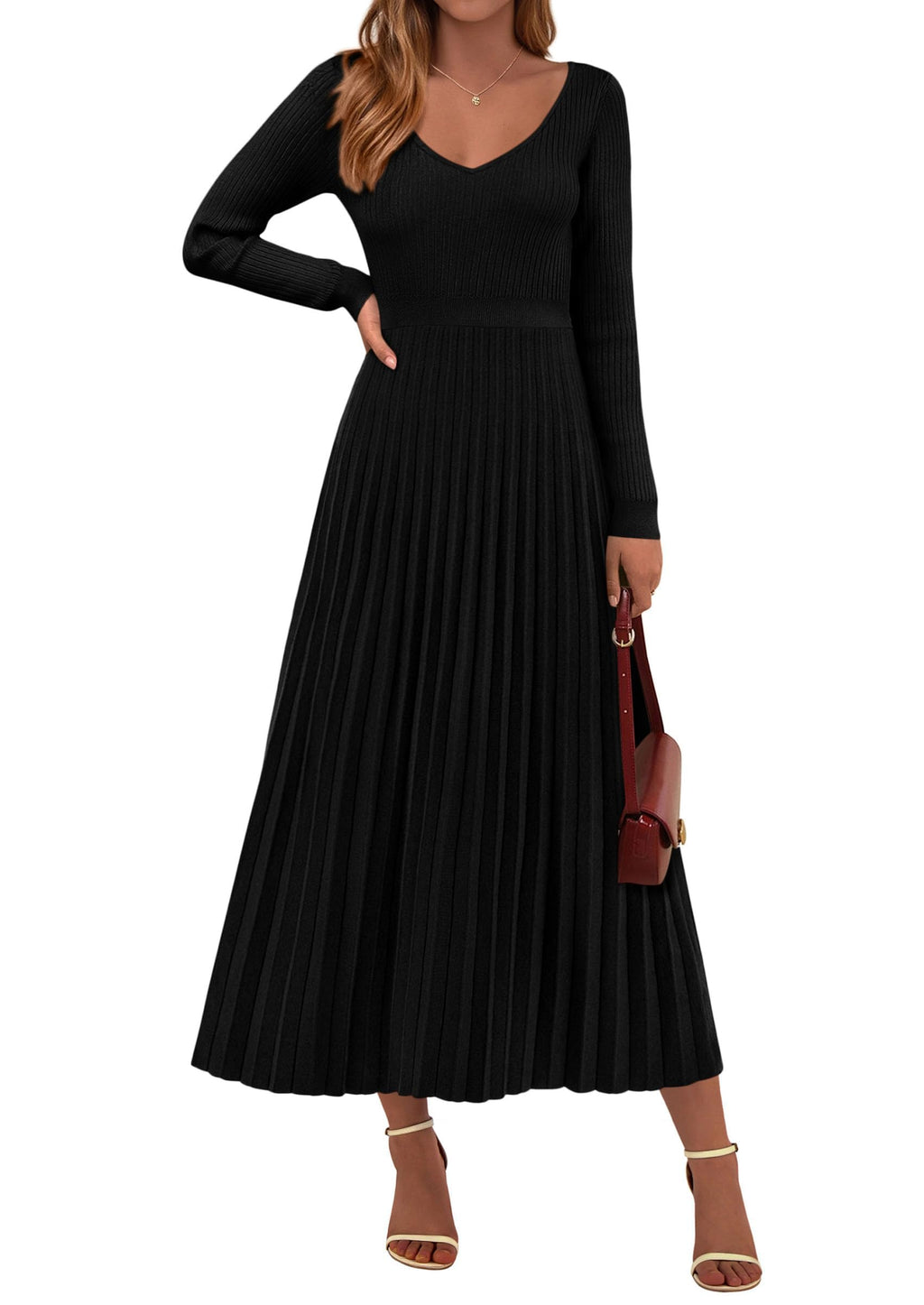 PRETTYGARDEN Women Sweater Dress Fall Fashion Long Sleeve V Neck Ribbed Knit Pleated A Line Elegant Maxi Winter Dresses