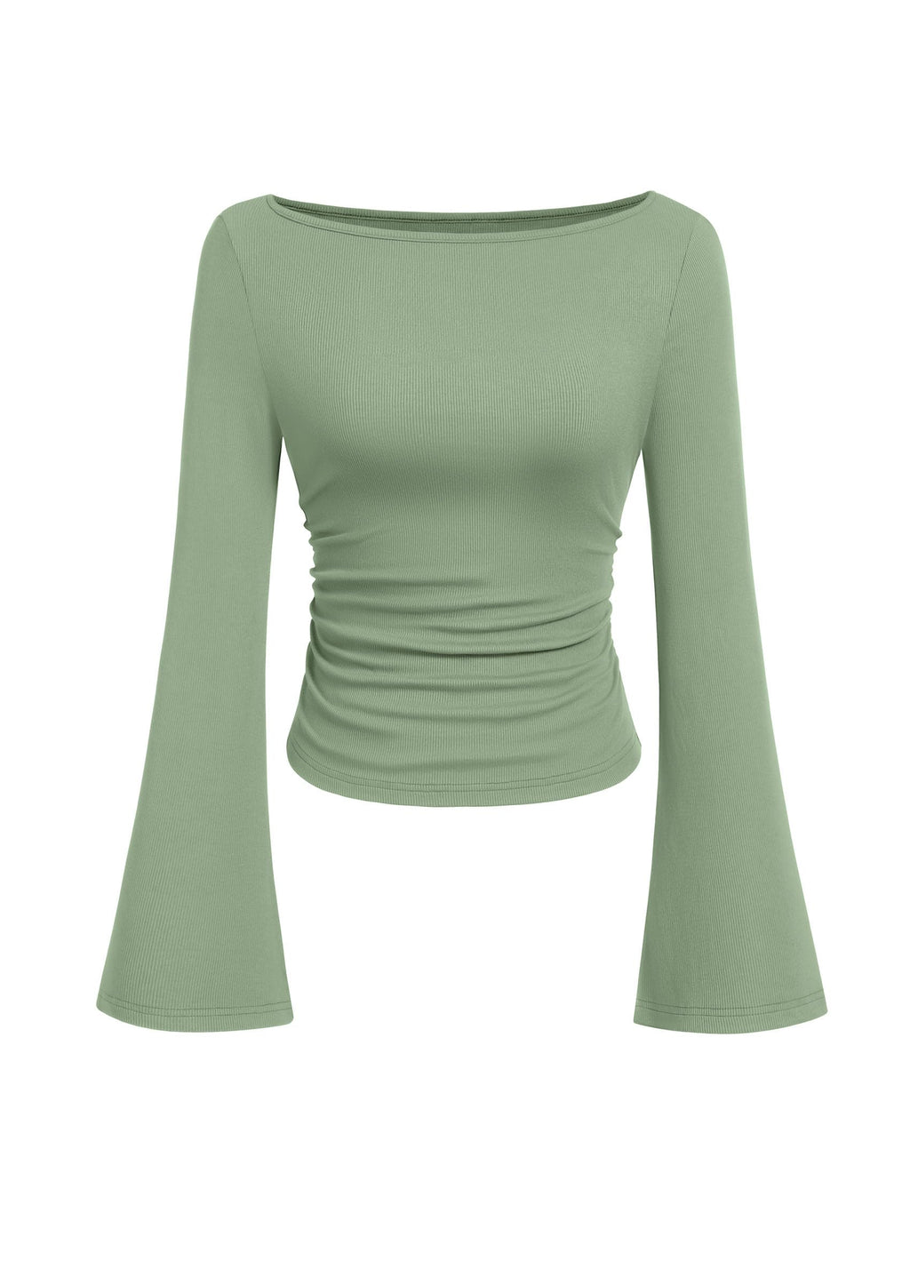 PRETTYGARDEN Women's Long Sleeve Shirts Fall Crop Going Out Tops Casual Boat Neck Bell Sleeve Ribbed Ruched Y2K Clothes