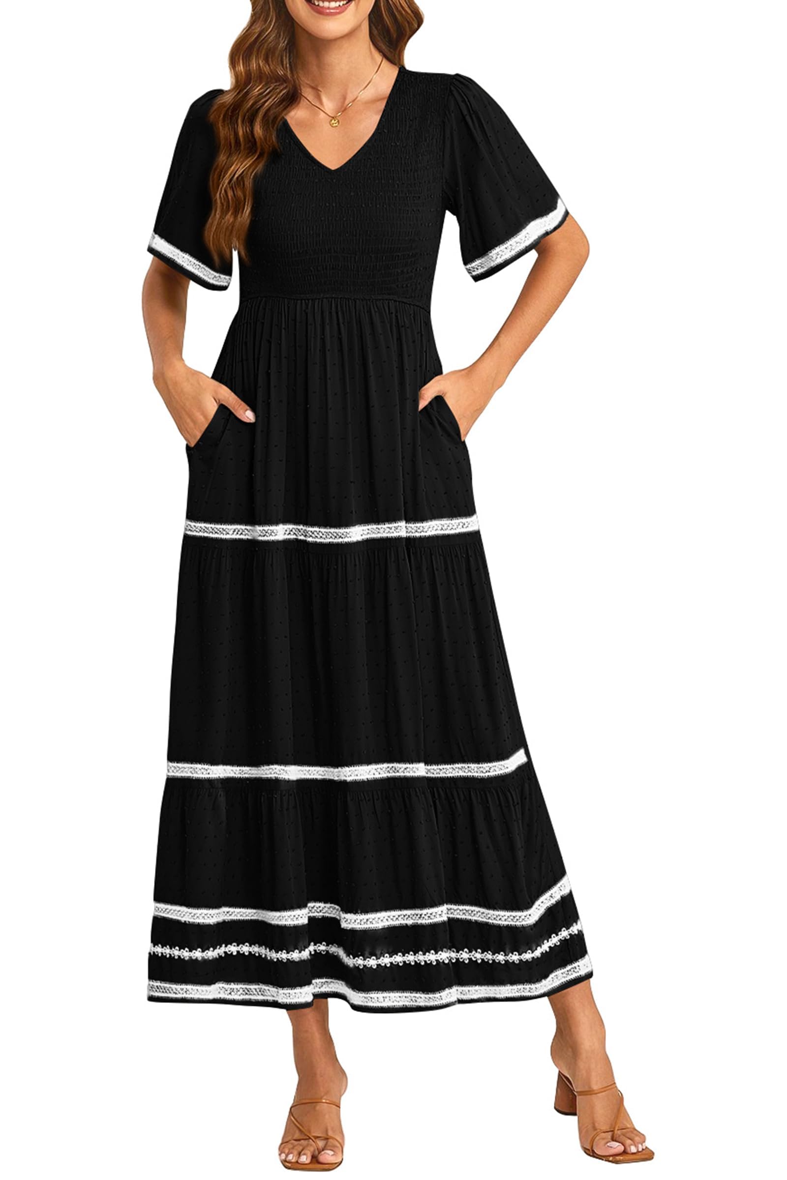PRETTYGARDEN Women's Casual Summer Maxi Dress Short Sleeve Swiss Dot V Neck Smocked Long Flowy Beach Dresses