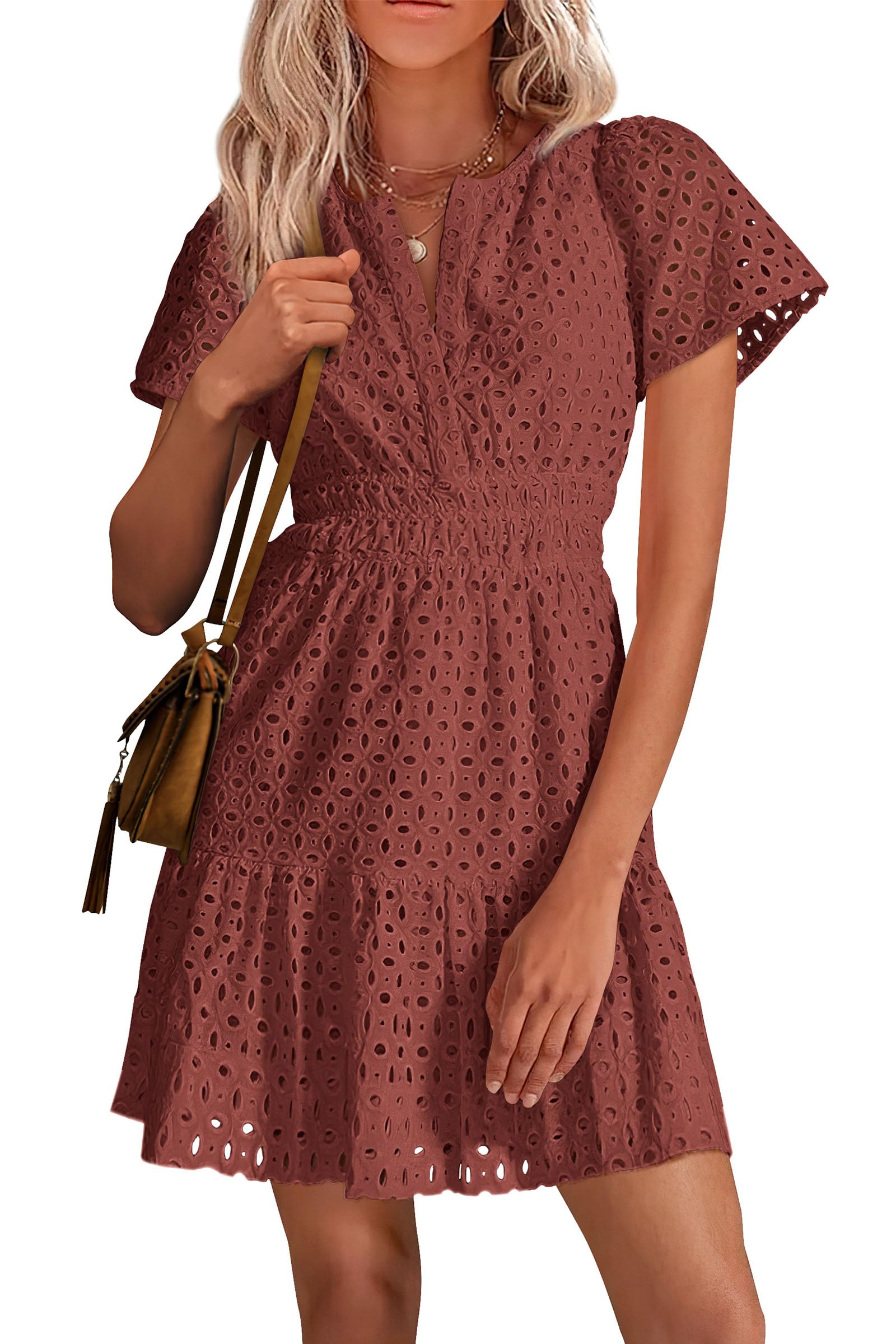 PRETTYGARDEN Womens Summer Short Dress V Neck Short Sleeve A Line Hollow Out Lace Ruffle Cute Casual Beach Party Dresses