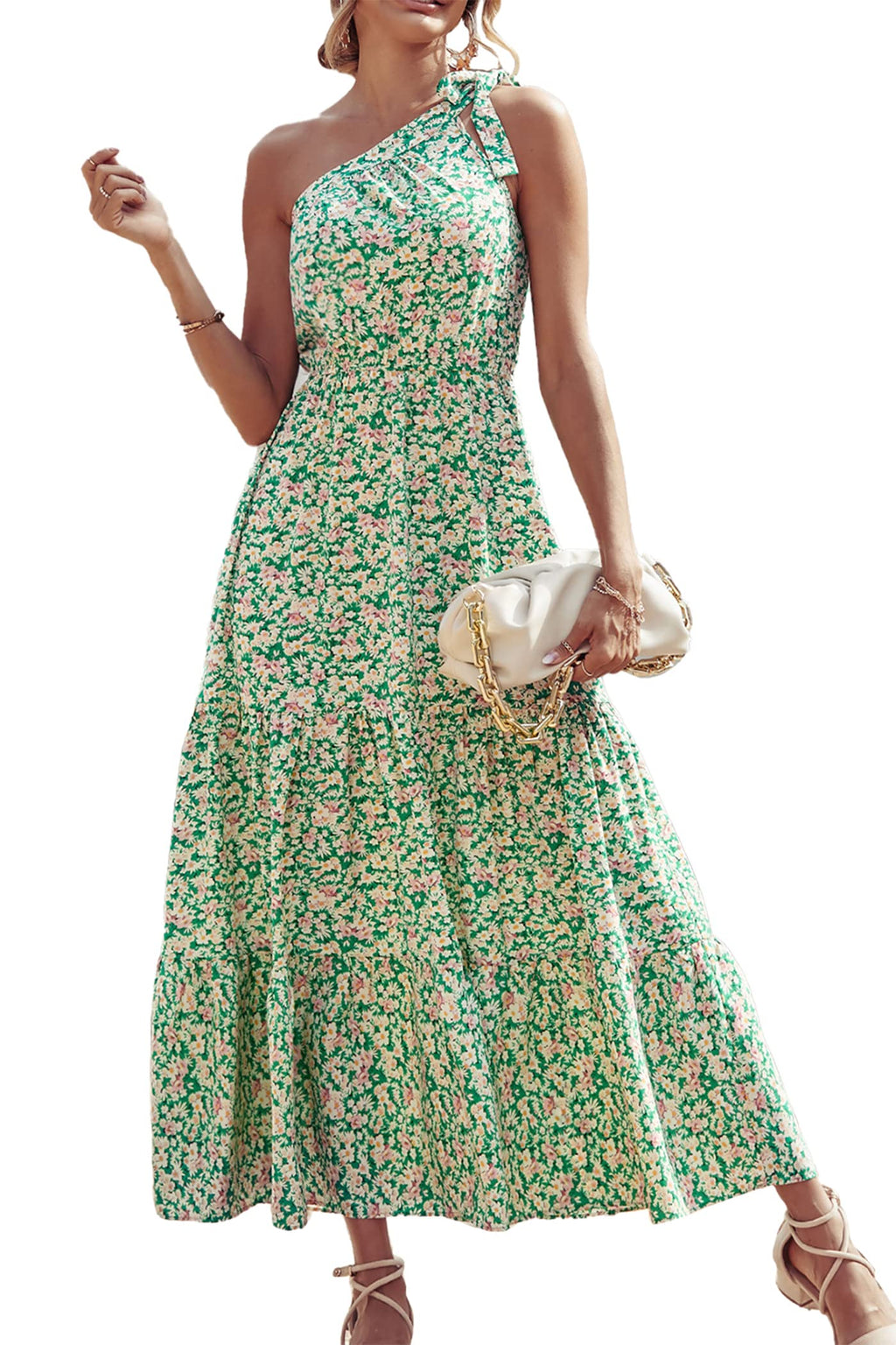 PRETTYGARDEN Women's Summer Floral One Shoulder Maxi Dress Knot Ruffle Boho Beach Vacation Wedding Guest Long Sun Dresses