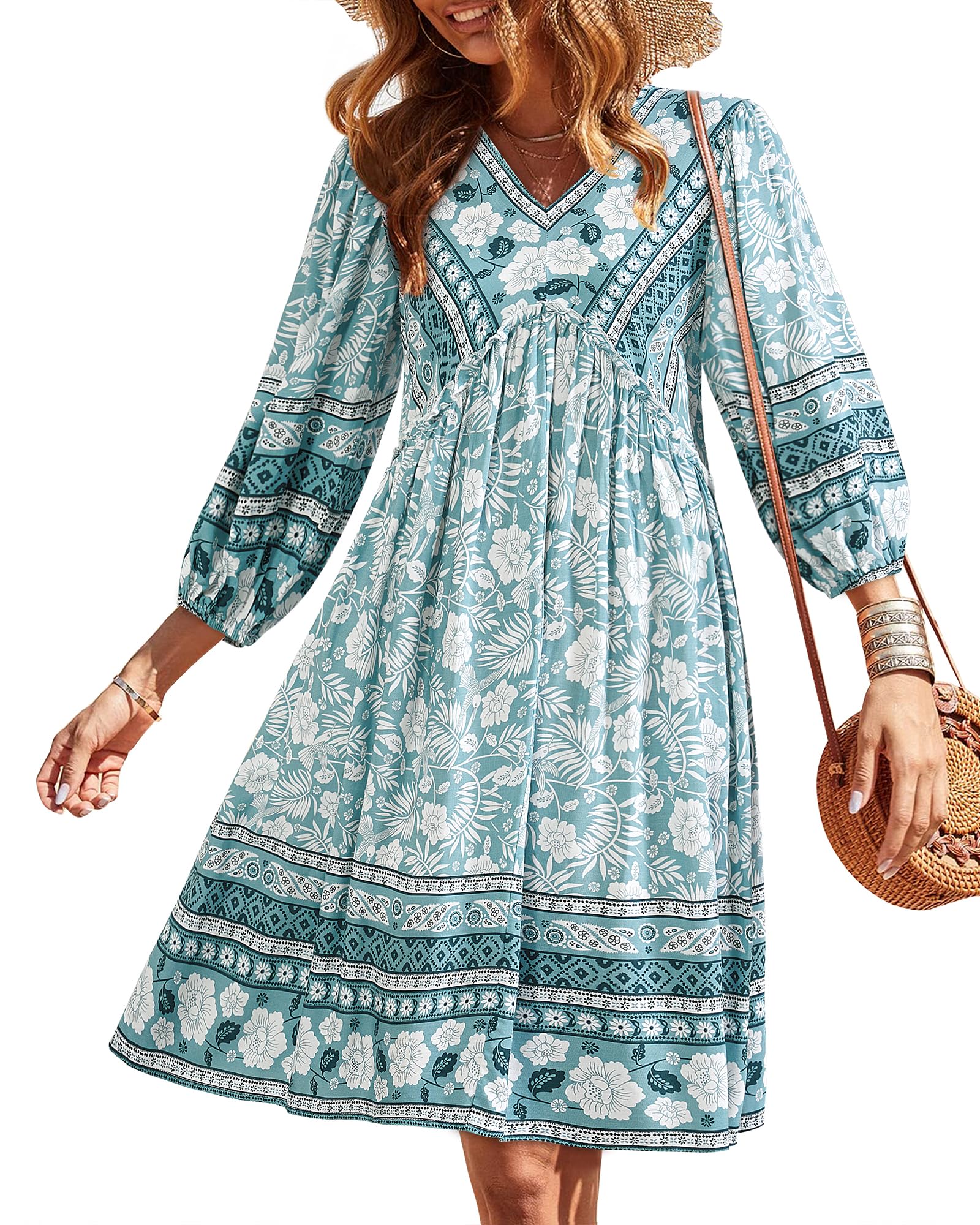 BTFBM Women Casual Spring Summer Dresses V Neck 3/4 Long Sleeve Ruffle Floral Flowy Boho Babydoll Mini Short Beach Dress