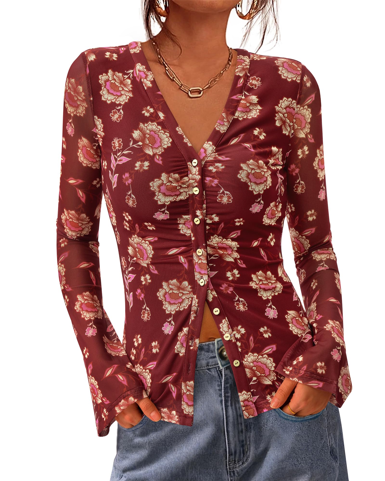 FreshPretty Button Down Shirts for Women Fall Fashion V Neck Long Sleeve Blouse Ruched Mesh Fitted Floral Print Boho Tops
