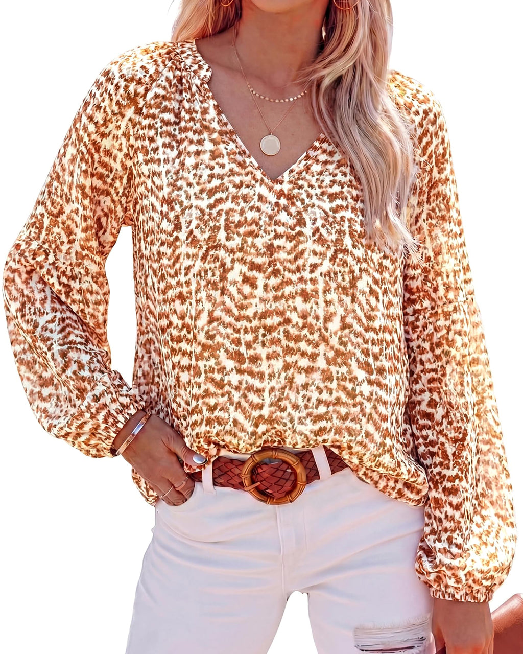 BTFBM Blouses for Women Dressy Casual Floral Summer Boho Tops V Neck Lightweight Long Sleeve Shirts Spring Clothes