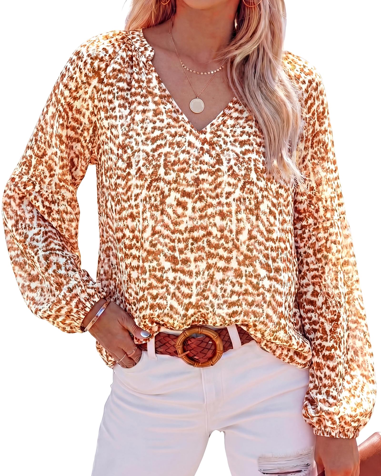 BTFBM Blouses for Women Dressy Casual Floral Summer Boho Tops V Neck Lightweight Long Sleeve Shirts Spring Clothes