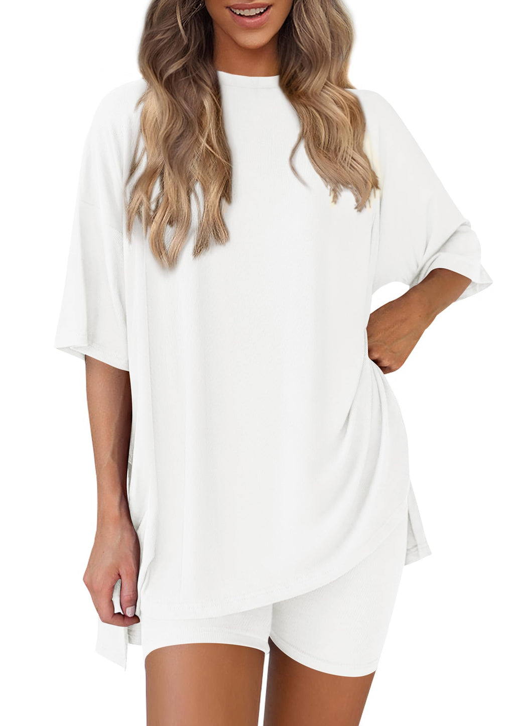 PRETTYGARDEN Women's Two Piece Lounge Set Summer Casual Oversized Shirts Biker Shorts Matching Airport Travel Outfit