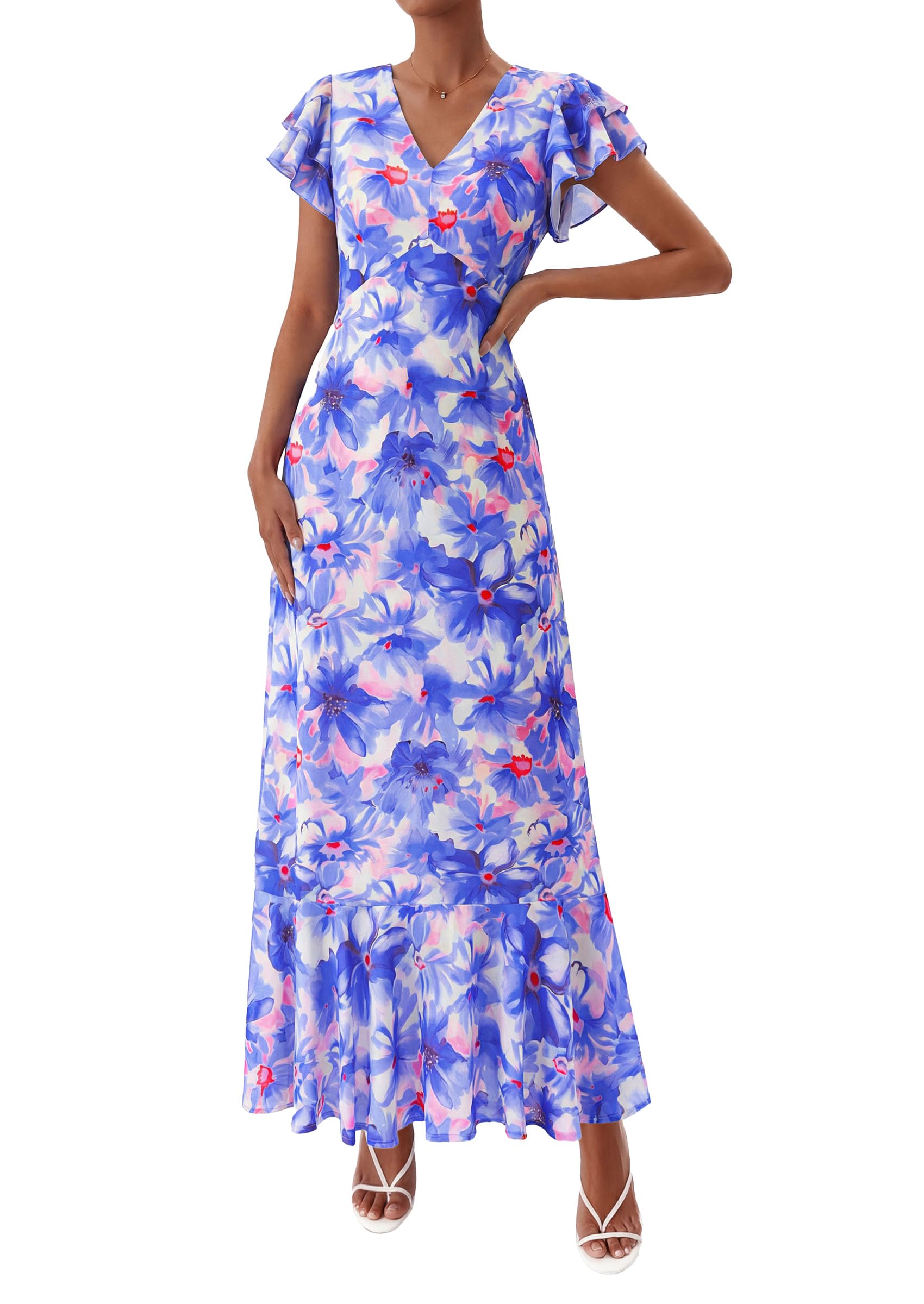 PRETTYGARDEN Womens Summer Floral Maxi Dresses Spring Short Sleeve Ruffle V Neck Flowy Boho Long Beach Vacation Sundress