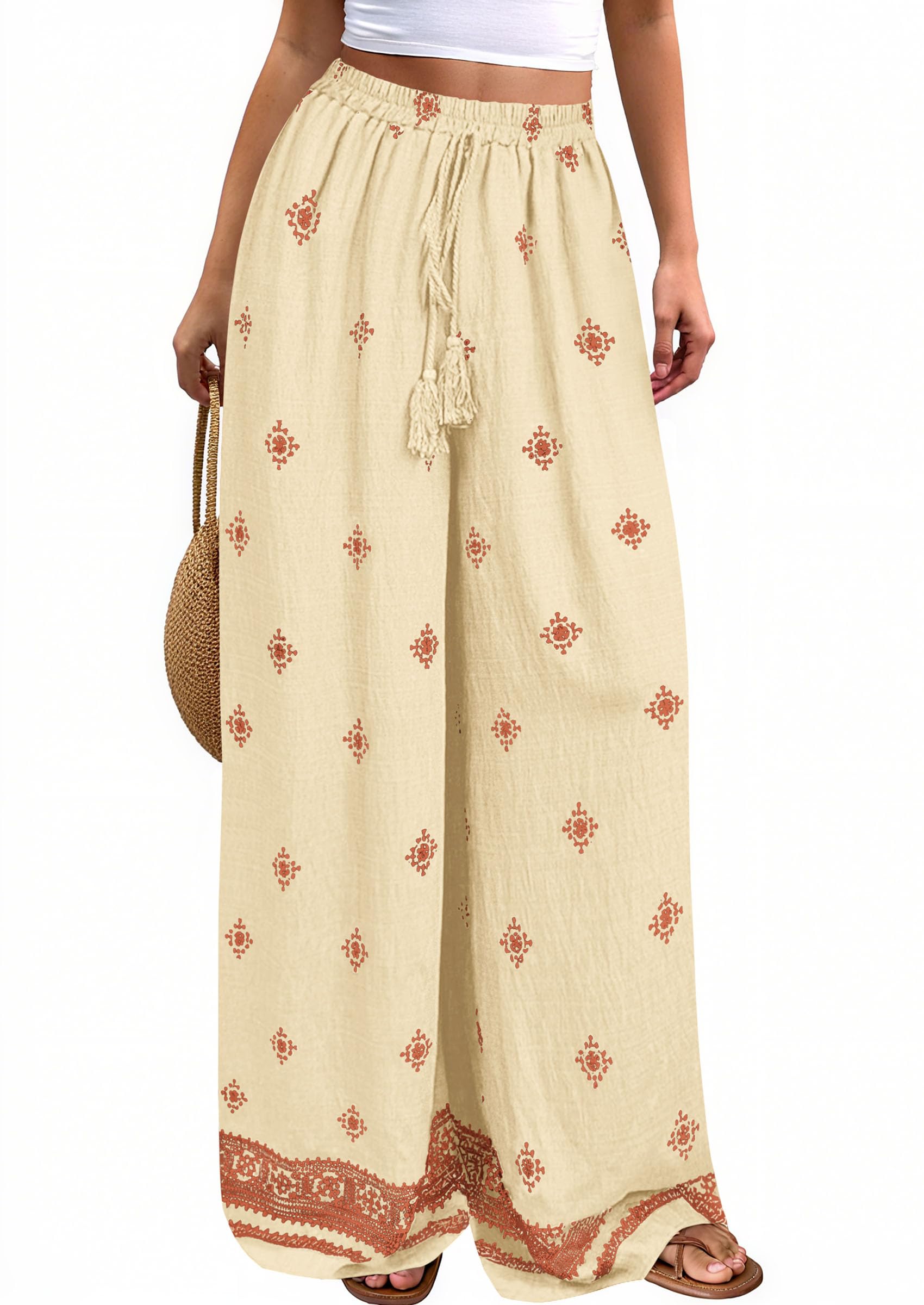 PRETTYGARDEN Women's Wide Leg Palazzo Pants Summer Boho Floral Trousers Spring Flowy Beach Vacation Clothes Resort Wear