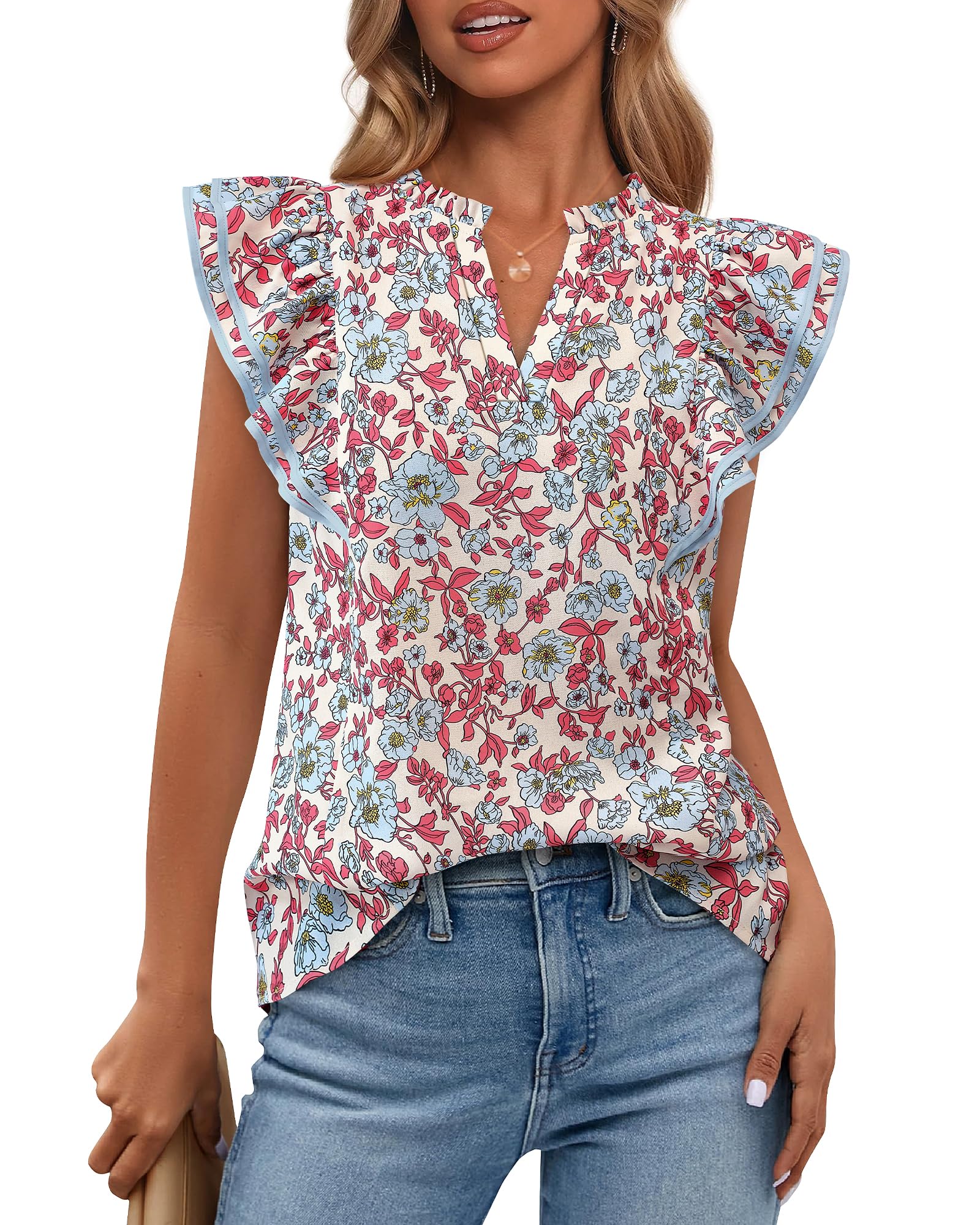 FreshPretty Womens Tops Dressy Casual Spring Summer Shirts Boho Floral V Neck Ruffle Cap Sleeve Business Work Blouses