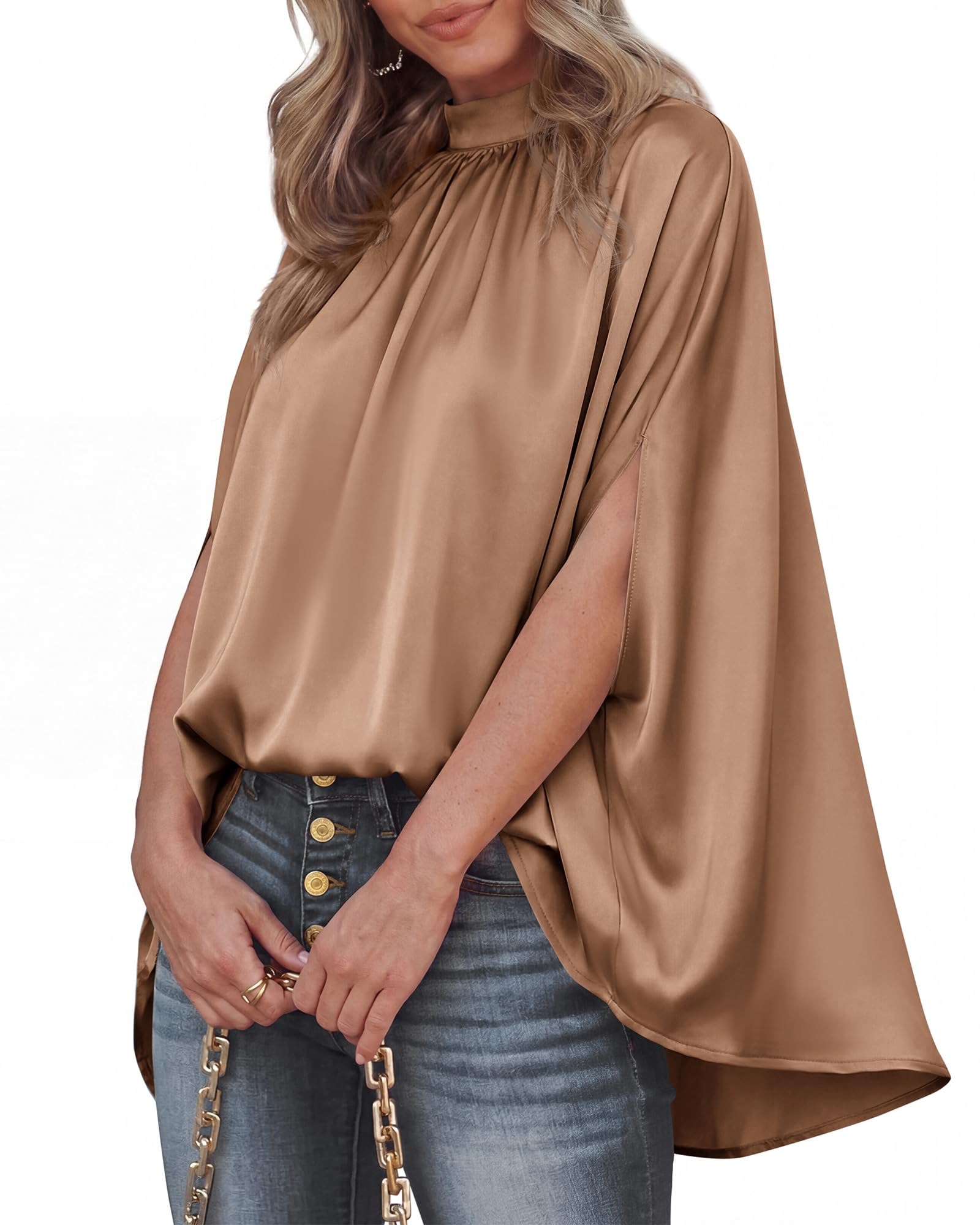 BTFBM Womens Summer Tops Mock Neck Batwing Sleeve Silk Satin Shirts Loose Oversized Dressy Casual Spring Blouses