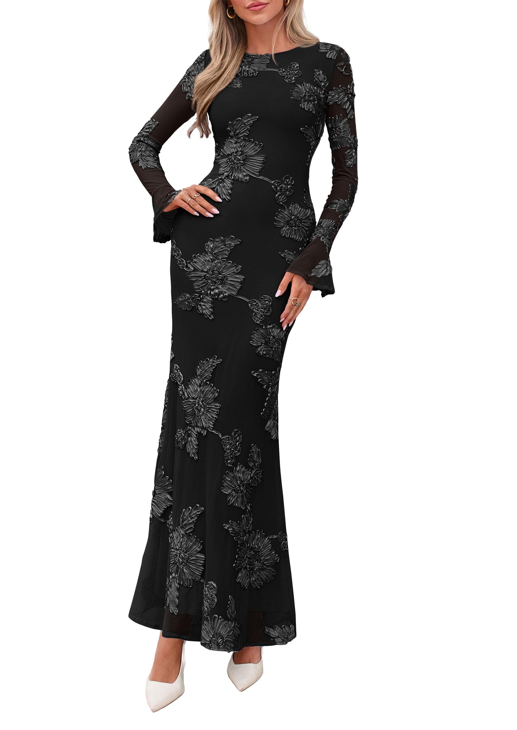 PRETTYGARDEN Women's Formal Floral Maxi Bodycon Dresses Ruffle Long Sleeve, Fall Winter Outfits 2026 for Wedding Guest, Homecoming & Cocktail, Slimming Mesh Dress with Lining