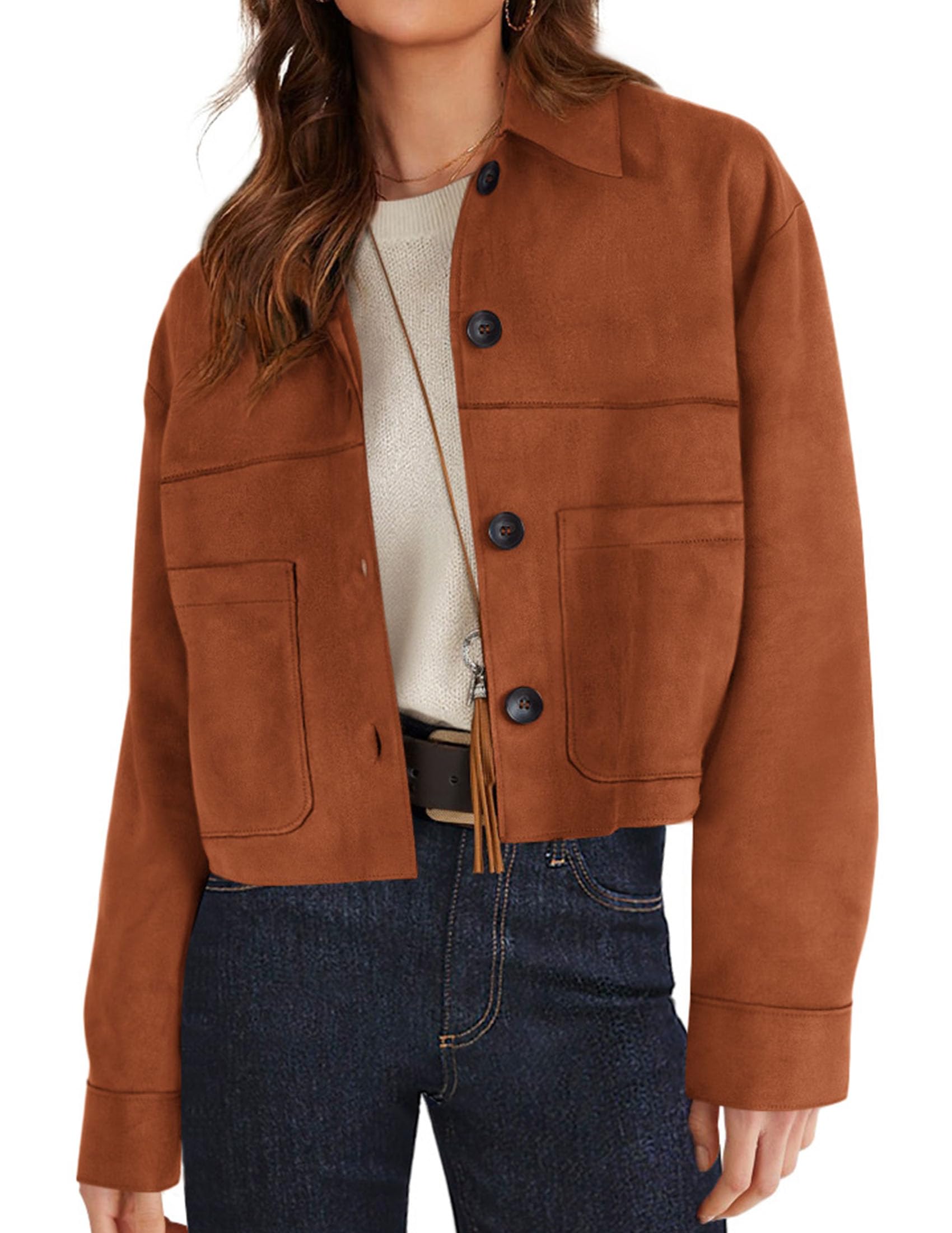 PRETTYGARDEN Women's Faux Suede Cropped Jacket Casual Lightweight Fall Fashion Winter Coats Outerwear Trendy Clothes
