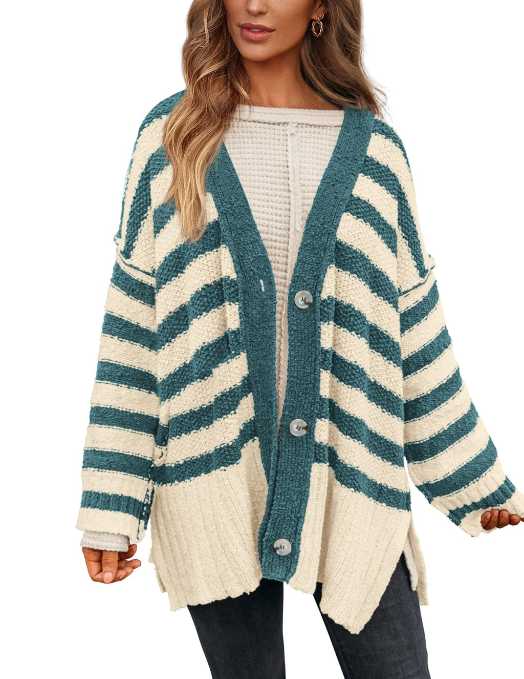 PRETTYGARDEN Women's Winter Striped Cardigan Sweaters Long Sleeve Button Down Open Front Chunky Knit Oversized Sweater Coat