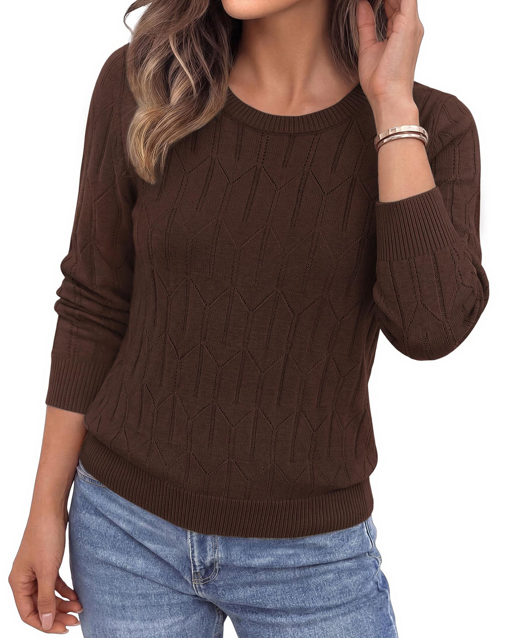 BTFBM Womens Sweaters Long Sleeve Crewneck Pullover Tops Dressy Casual Lightweight Knit Sweater,Small Hollow Out Boho Shirts, Fall Fashion,Winter Layer Basic Clothes,Business Casual Outfits