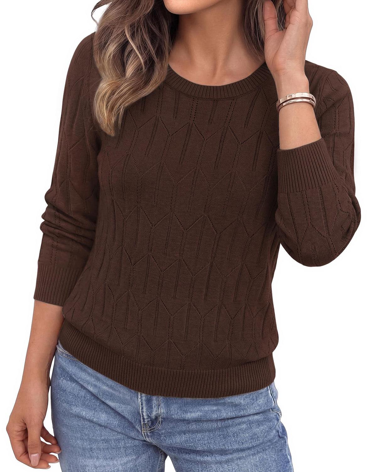 BTFBM Womens Sweaters Long Sleeve Crewneck Pullover Tops Dressy Casual Lightweight Knit Sweater,Small Hollow Out Boho Shirts, Fall Fashion,Winter Layer Basic Clothes,Business Casual Outfits