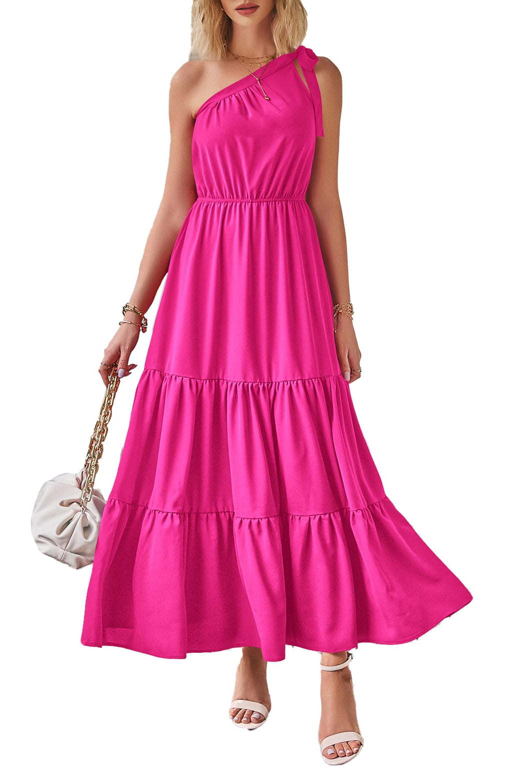 PRETTYGARDEN Women's Summer Floral One Shoulder Maxi Dress Knot Ruffle Boho Beach Vacation Wedding Guest Long Sun Dresses