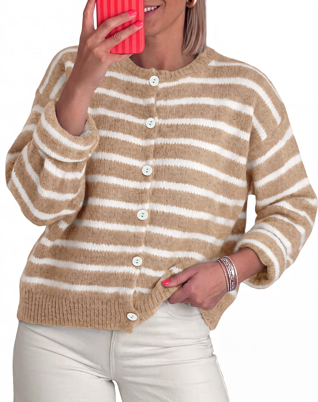 FreshPretty Women's Chunky Knit Striped Cardigan Sweaters Casual Button Front,Long Sleeve Knit Cardigan,Soft Loose Fit Sweaters for Business Casual Work,Fall Winter Outerwear Layering
