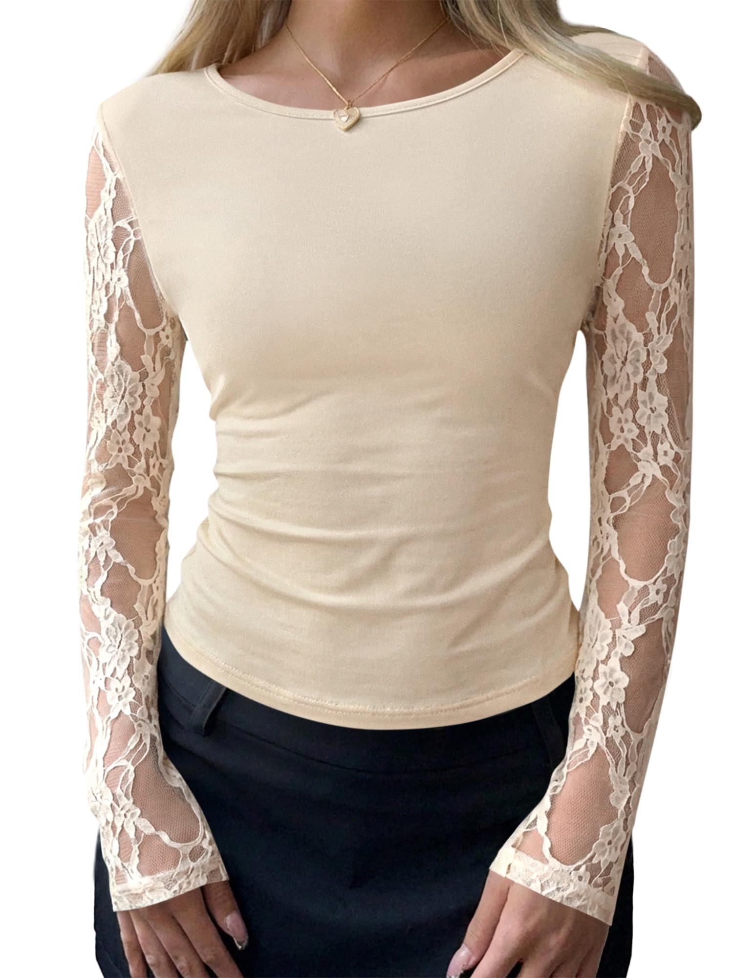 BTFBM Fall Tops for Women Sheer Lace Long Sleeve Top Slim Fit Blouses Crew Neck, Lightweight Basic Tees, See Through Layering Top, Sexy Fashion Clothing, Party Club Date Night Going Out Outfits