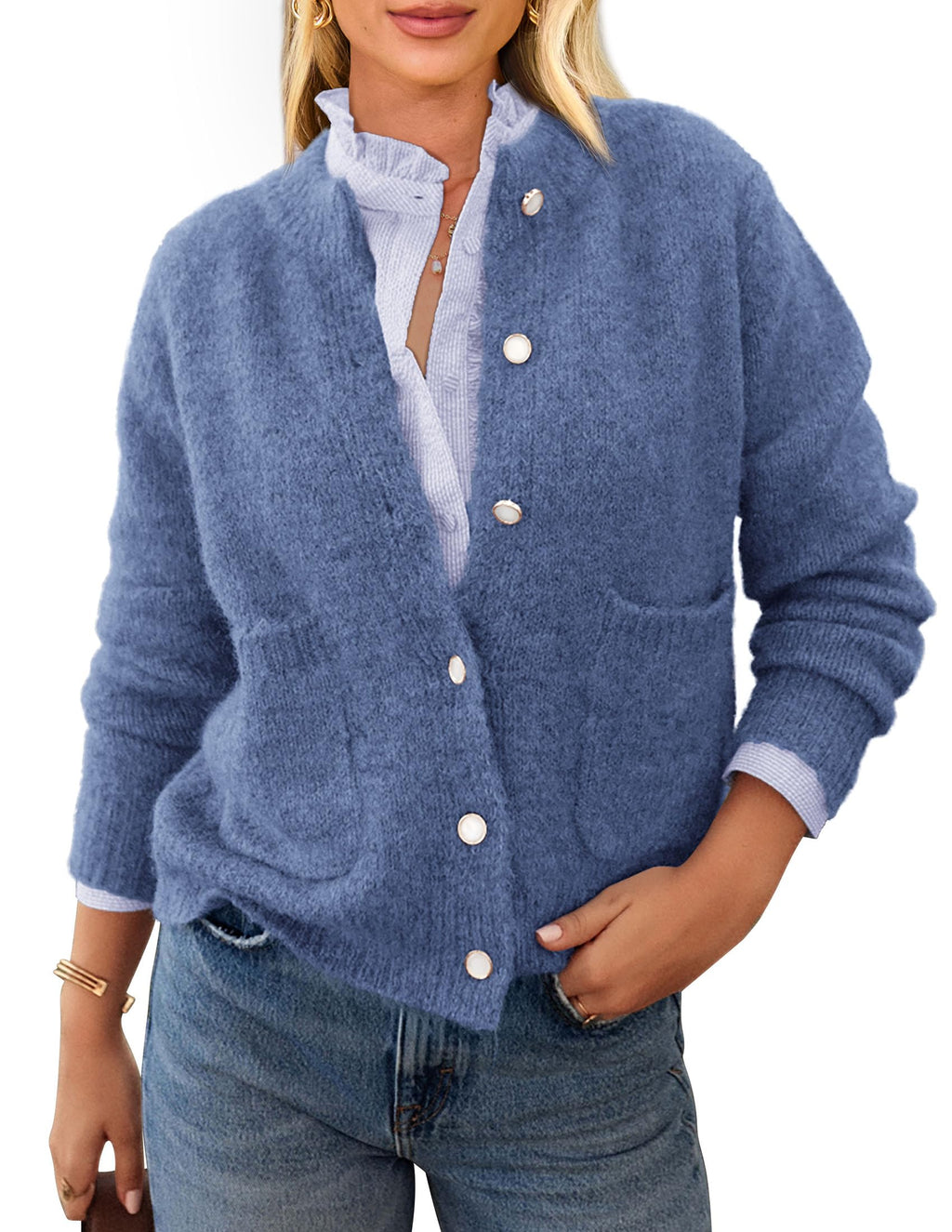 PRETTYGARDEN Women's Knit Cardigan Sweaters Casual Long Sleeve Open Front Button Up Ribbed Fall Spring Sweater Jackets