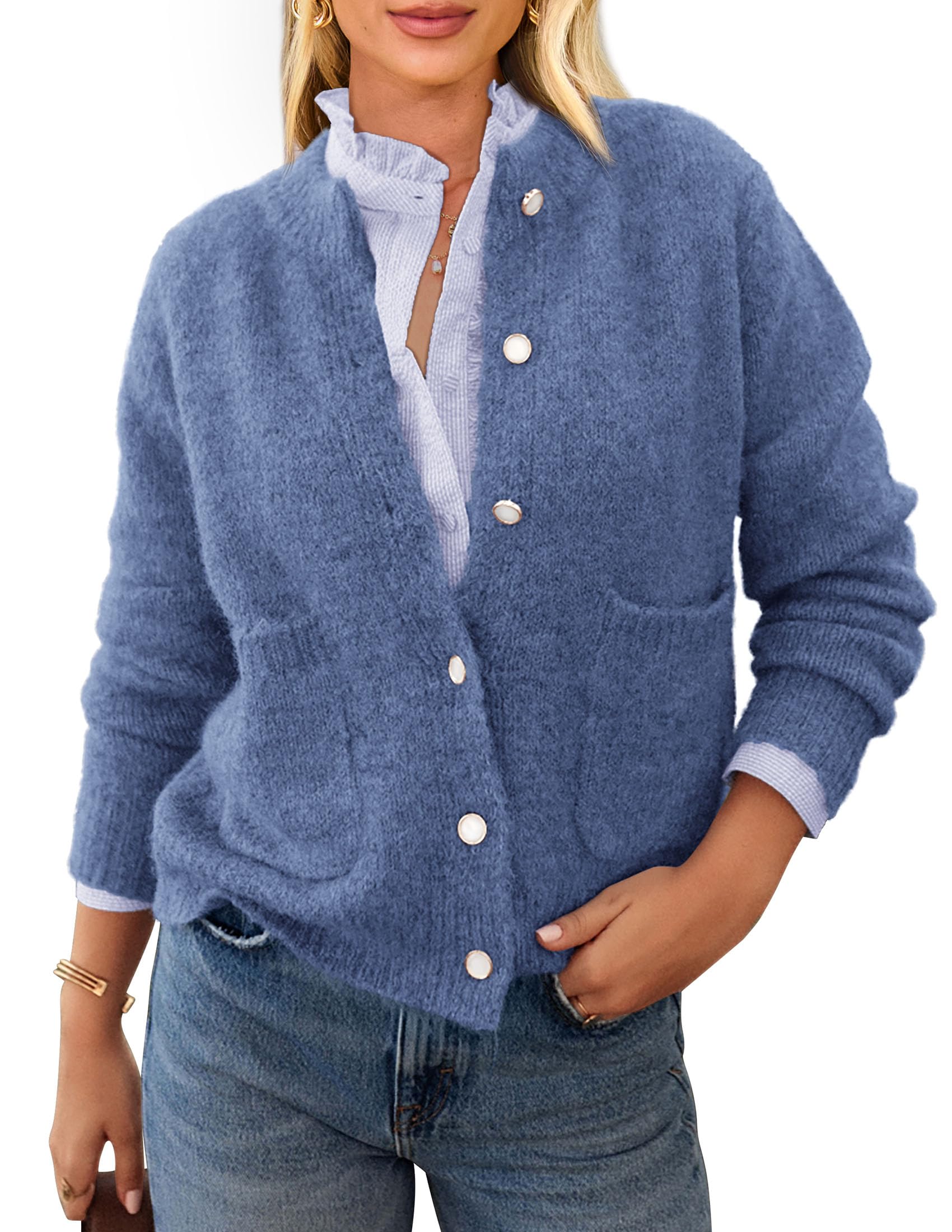 PRETTYGARDEN Women's Knit Cardigan Sweaters Casual Long Sleeve Open Front Button Up Ribbed Fall Spring Sweater Jackets