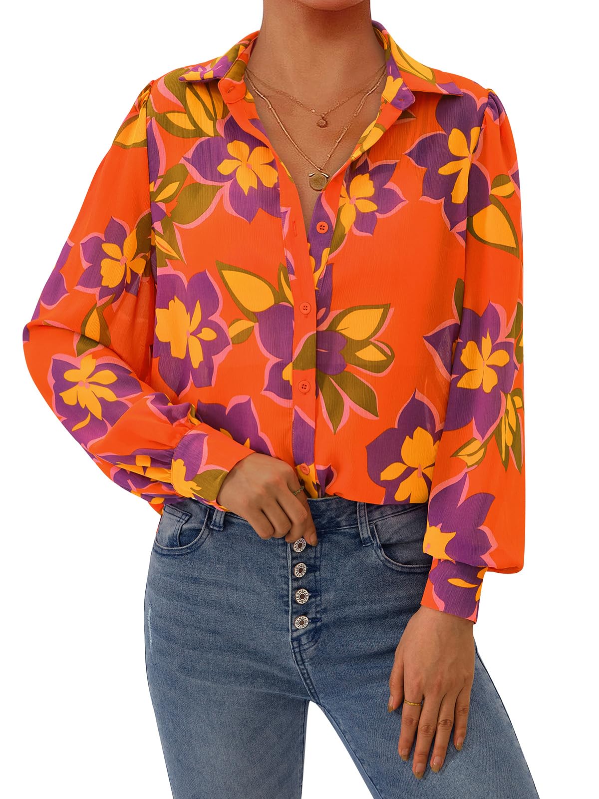 PRETTYGARDEN Women's Floral Blouses Dressy Casual V Neck Button Down Shirts Lantern Long Sleeve Boho Chiffon Spring Tops
