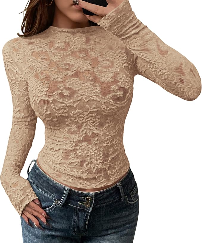 FreshPretty Mesh Long Sleeve Tops for Women Lace Sexy Sheer Tight See Through Crew Neck Spring Fall Party Club Outfits