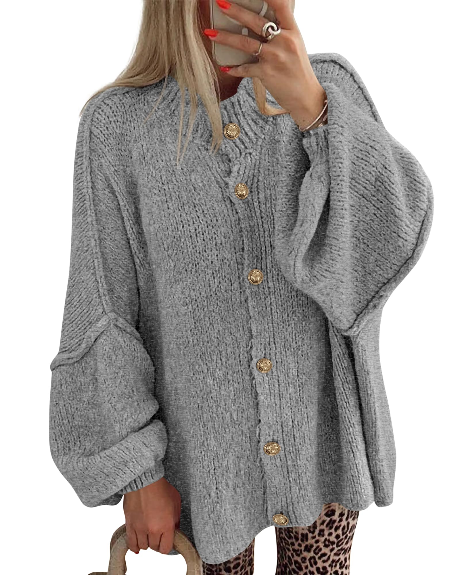 FreshPretty Cardigan Sweaters for Women Fall Clothes Lantern Long Sleeve Button Open Front Chunky Knit Oversized Sweater