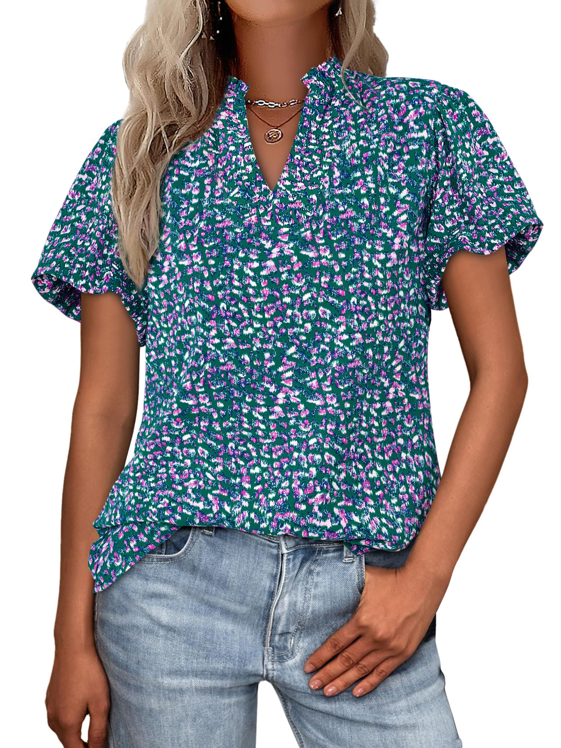 PRETTYGARDEN Boho Short Sleeve Floral Work Blouses for Women Dressy Casual V Neck Puff Sleeve Loose Chiffon Flowy Tops Shirts