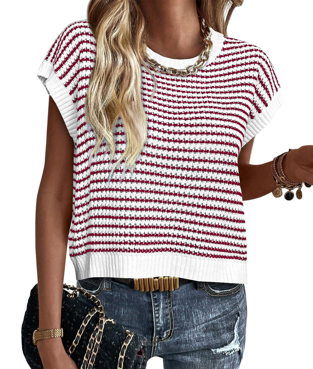 PRETTYGARDEN Womens Short Sleeve Sweater Spring Summer Round Neck Striped Pullover Cap Sleeve Knit Sweater Vest Tops