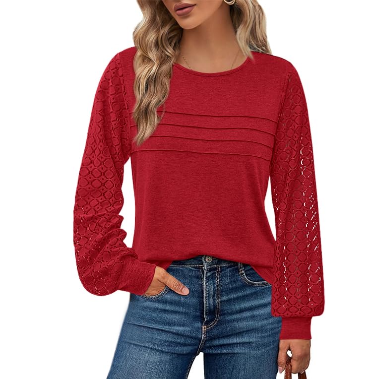 BTFBM Women's Long Sleeve Shirts Dressy Lace Fall Tops Trendy Business Casual T-Shirts Cute Work Outfits Blouses