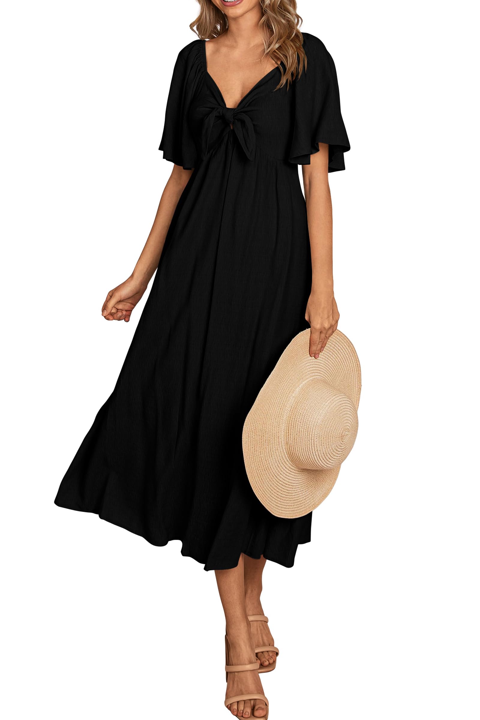 PRETTYGARDEN Summer Dress for Women Casual Short Sleeve Bow Tie V Neck Ruffle Midi Flowy Dresses