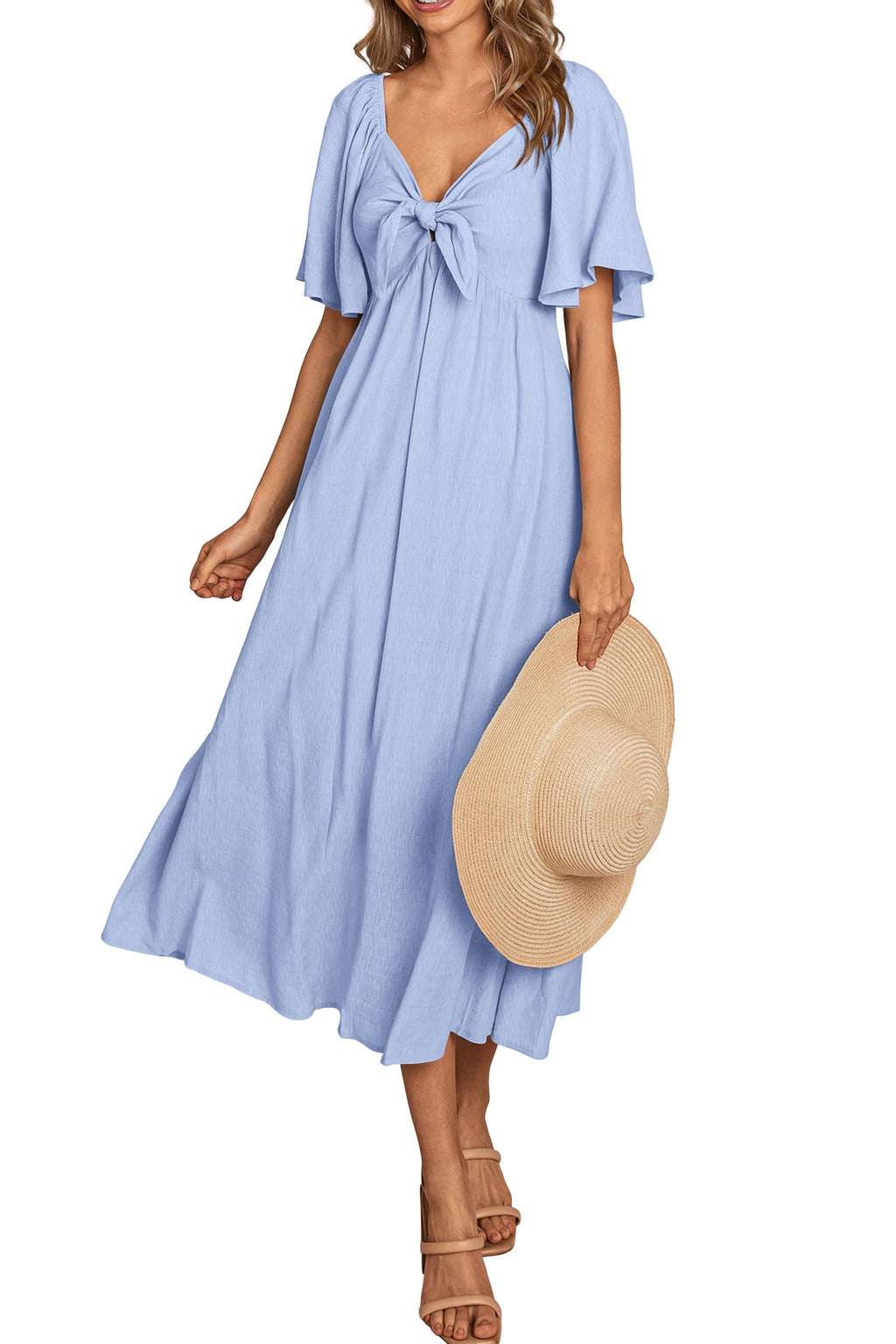 PRETTYGARDEN Summer Dress for Women Casual Short Sleeve Bow Tie V Neck Ruffle Midi Flowy Dresses