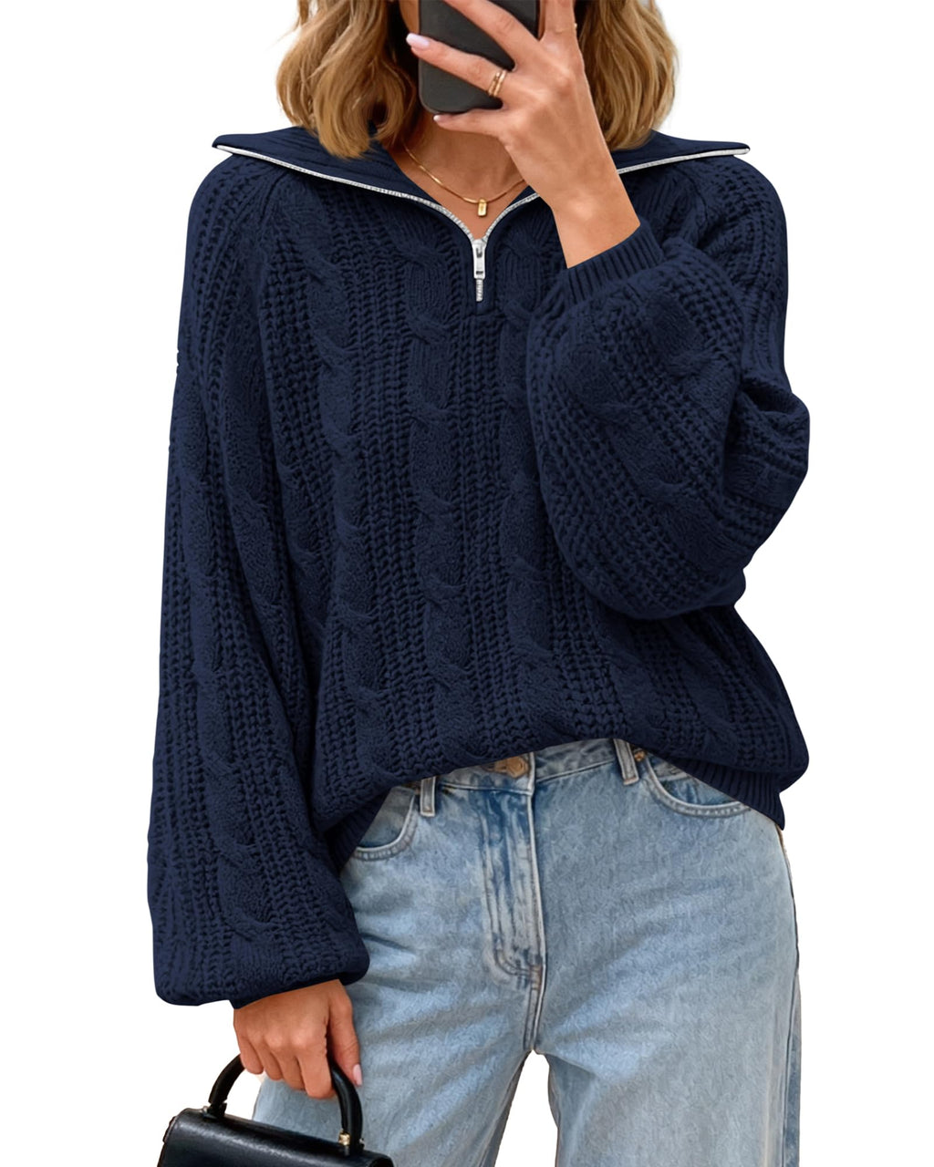 BTFBM Sweaters for Women Fall Fashion Loose Quarter Zip Pullover Collared Long Sleeve Cable Knit Winter Clothes