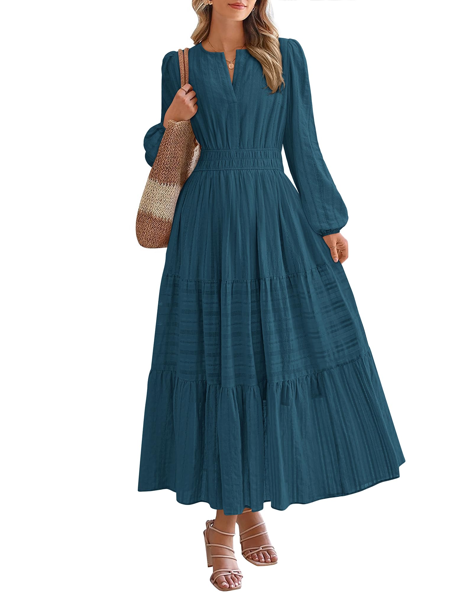 FreshPretty Fall Dresses for Women Casual Long Sleeve V Neck Elastic Waist Lightweight Maxi Wedding Guest Dress Pockets