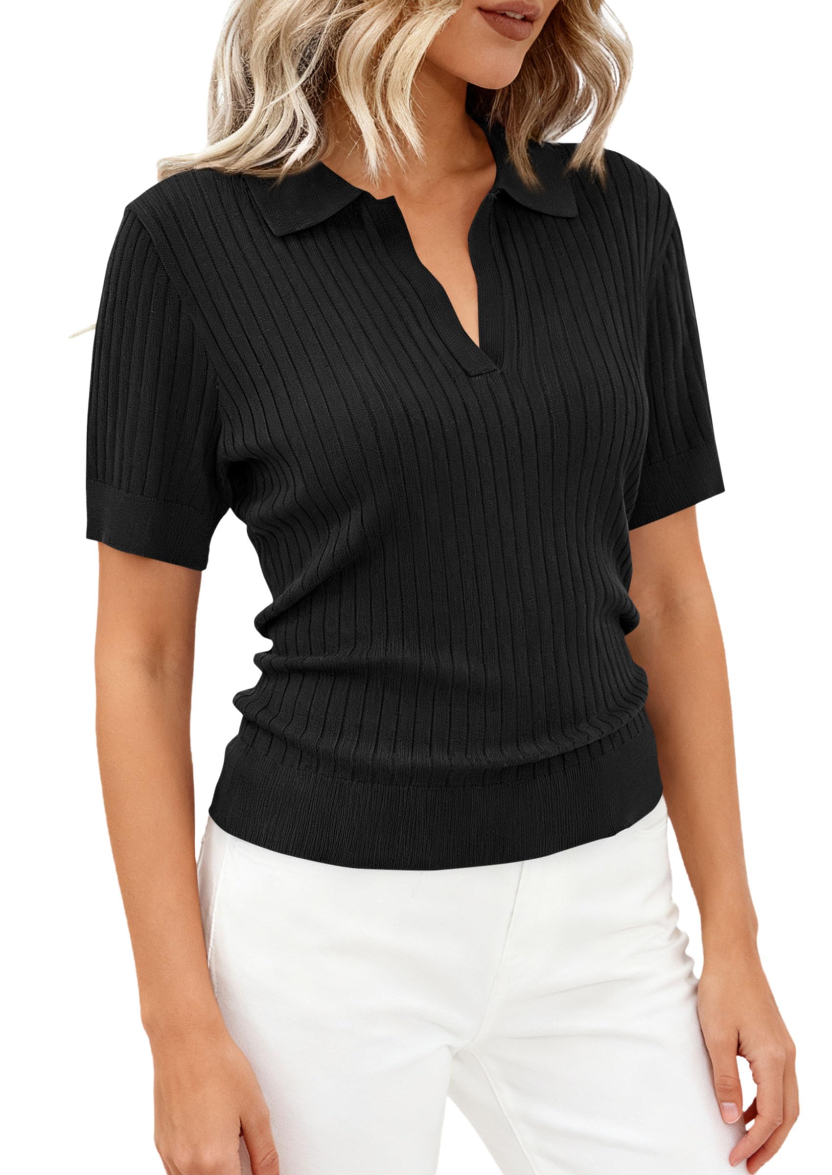 PRETTYGARDEN Women's Short Sleeve Sweater Spring Polo Shirts Ribbed Knit V Neck Business Casual Tops Summer Work Clothes