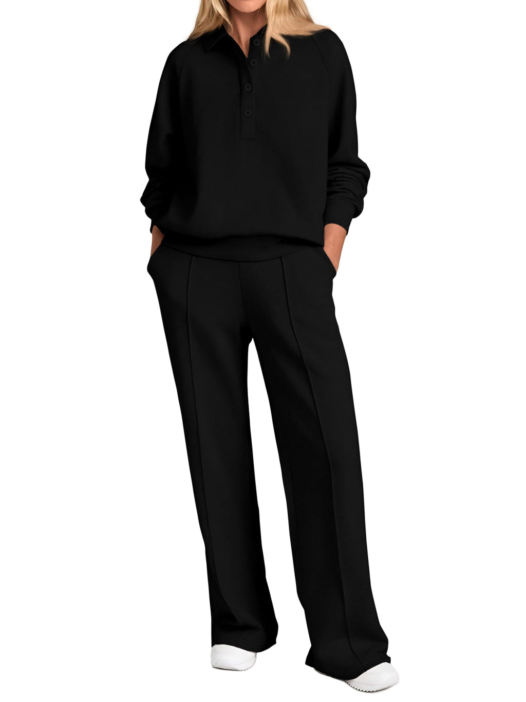 PRETTYGARDEN Women Fall 2 Piece Outfits Sweatsuits Lounge Sets Quarter Button Long Sleeve Sweatshirt, Wide Leg Sweat Pants, Casual 2 Piece Sets Tracksuit, Airport Travel Outfits for Women