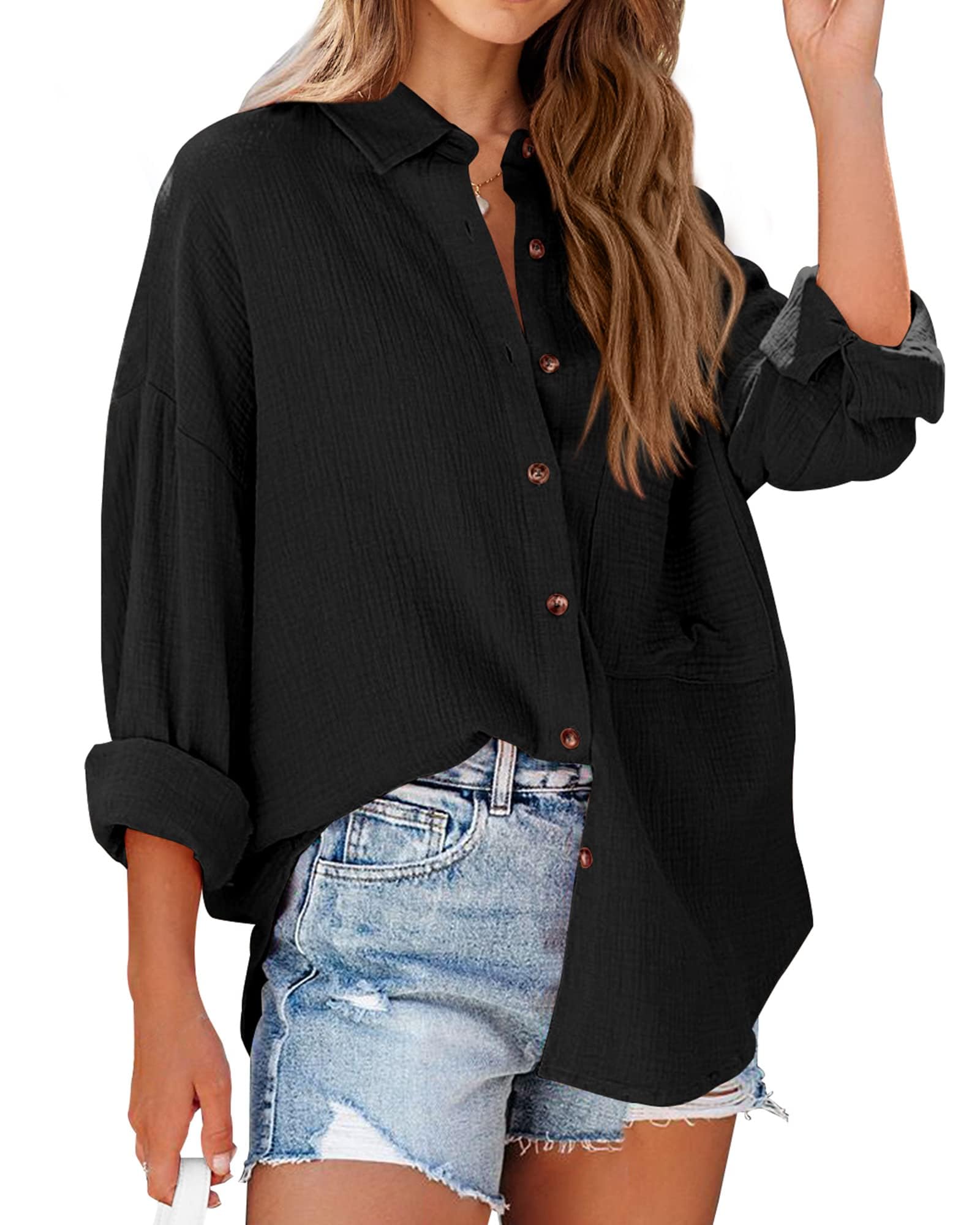 FreshPretty Casual Shirts for Women Long Sleeve Button Down Blouses Fall Solid Color Trendy Tops with Pocket