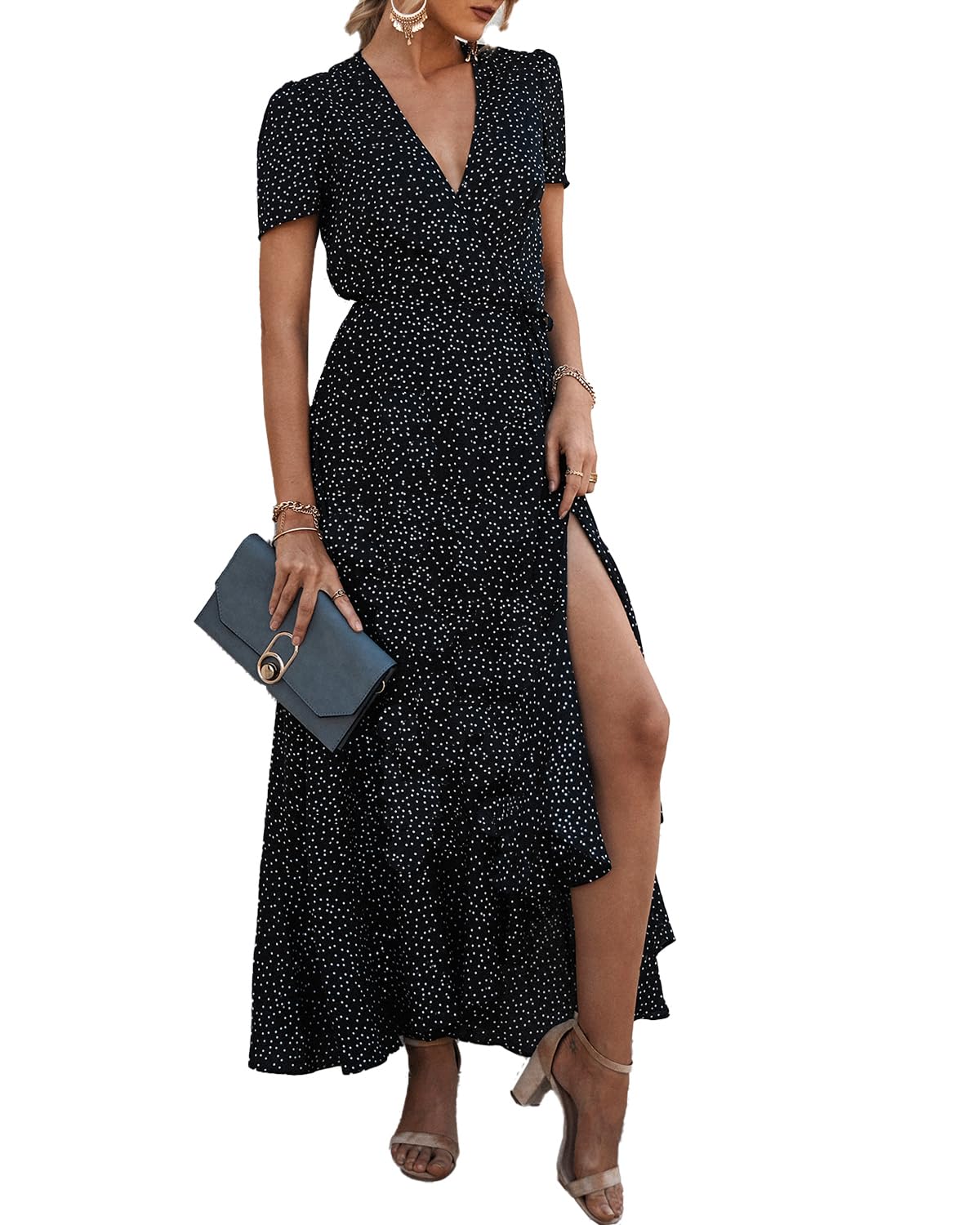 PRETTYGARDEN Women's Summer Maxi Dress Casual Wrap Floral Boho Short Sleeve V Neck Split Ruffle Beach Long Dresses