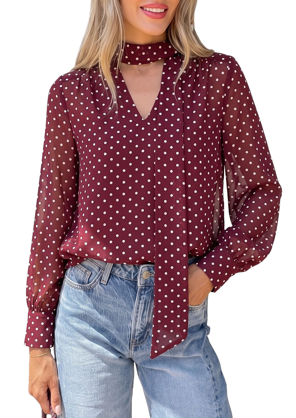 PRETTYGARDEN Women Chiffon Boho Blouses Dressy Casual Flowy Fall Tops, Long Sleeve V Neck Shirts with Tie, Elegant Date Night Outfit for Work Office, Going Out