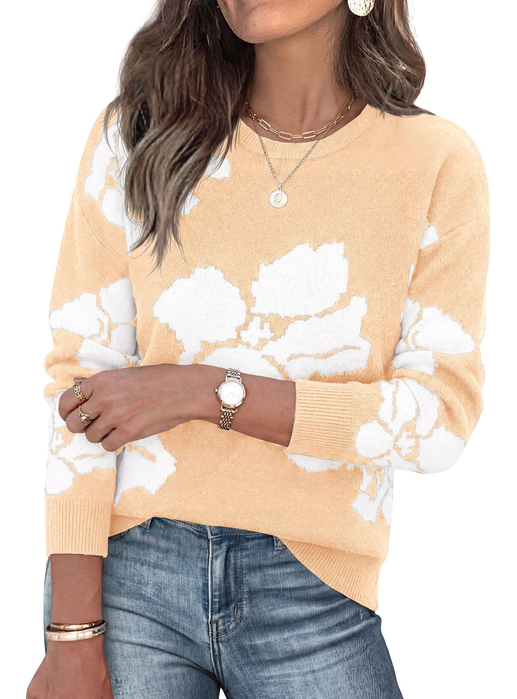 PRETTYGARDEN Womens Floral Sweater Crewneck Printed Pullover Tops,Soft Slouchy Knit Sweater,Casual Long Sleeve,Fall Fashion,Cute Winter Clothes,Work Office Travel Vacation Outfits