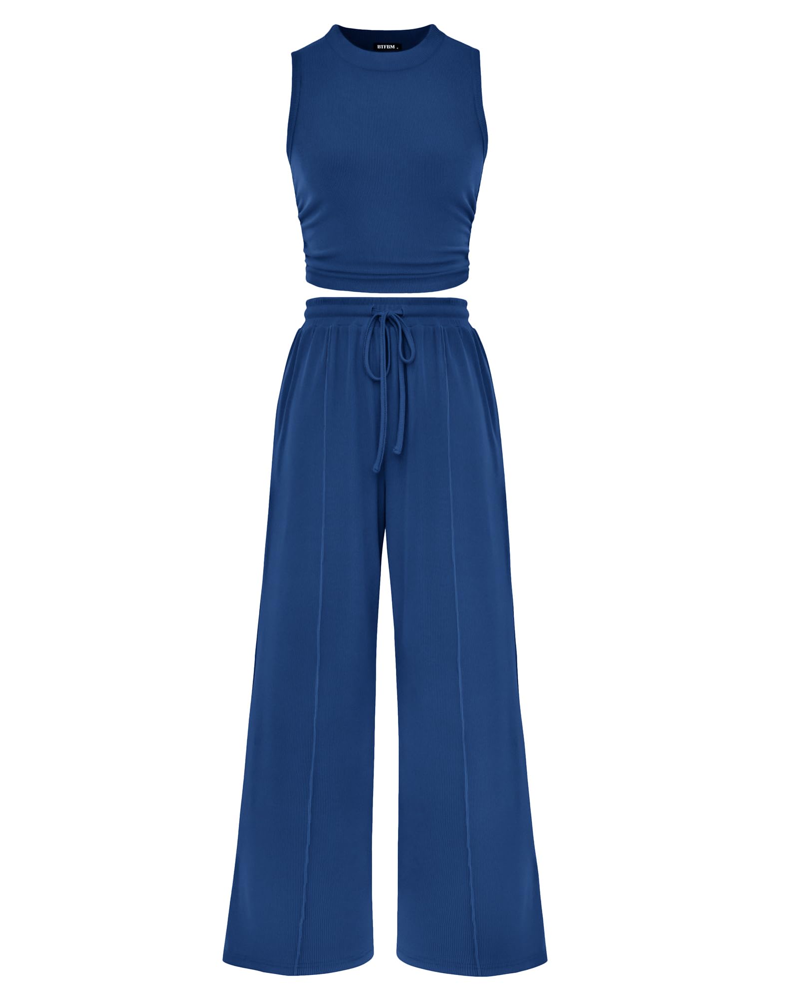 BTFBM Summer Outfits For Women Cropped Sleeveless Tank Tops Wide Leg Pants 2 Piece Sets Beach Lounge Set Clothing