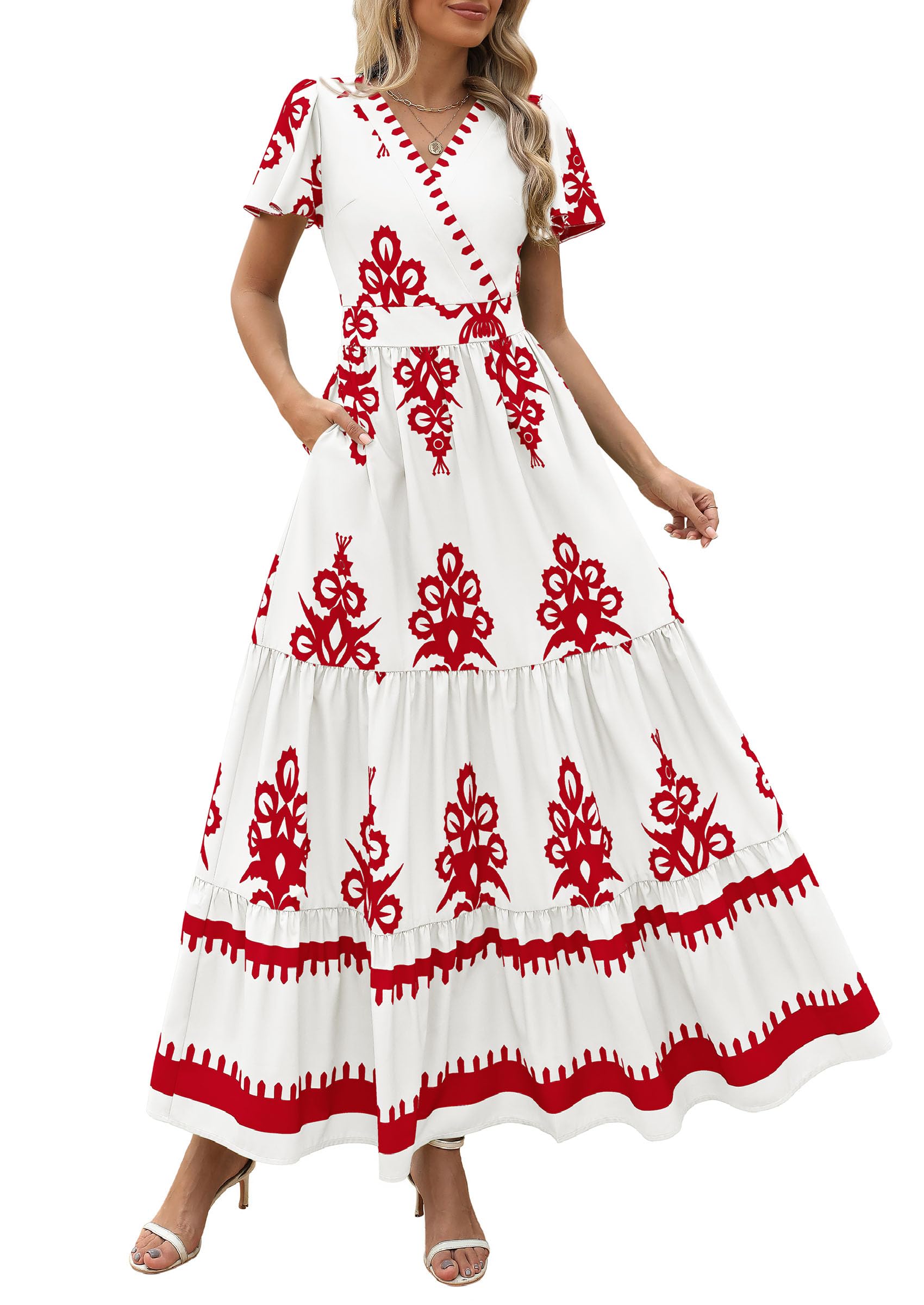 PRETTYGARDEN Womens Summer Casual V Neck Boho Maxi Dress Flowy Aline Bell Sleeve Tiered Floral Dresses with Pocket