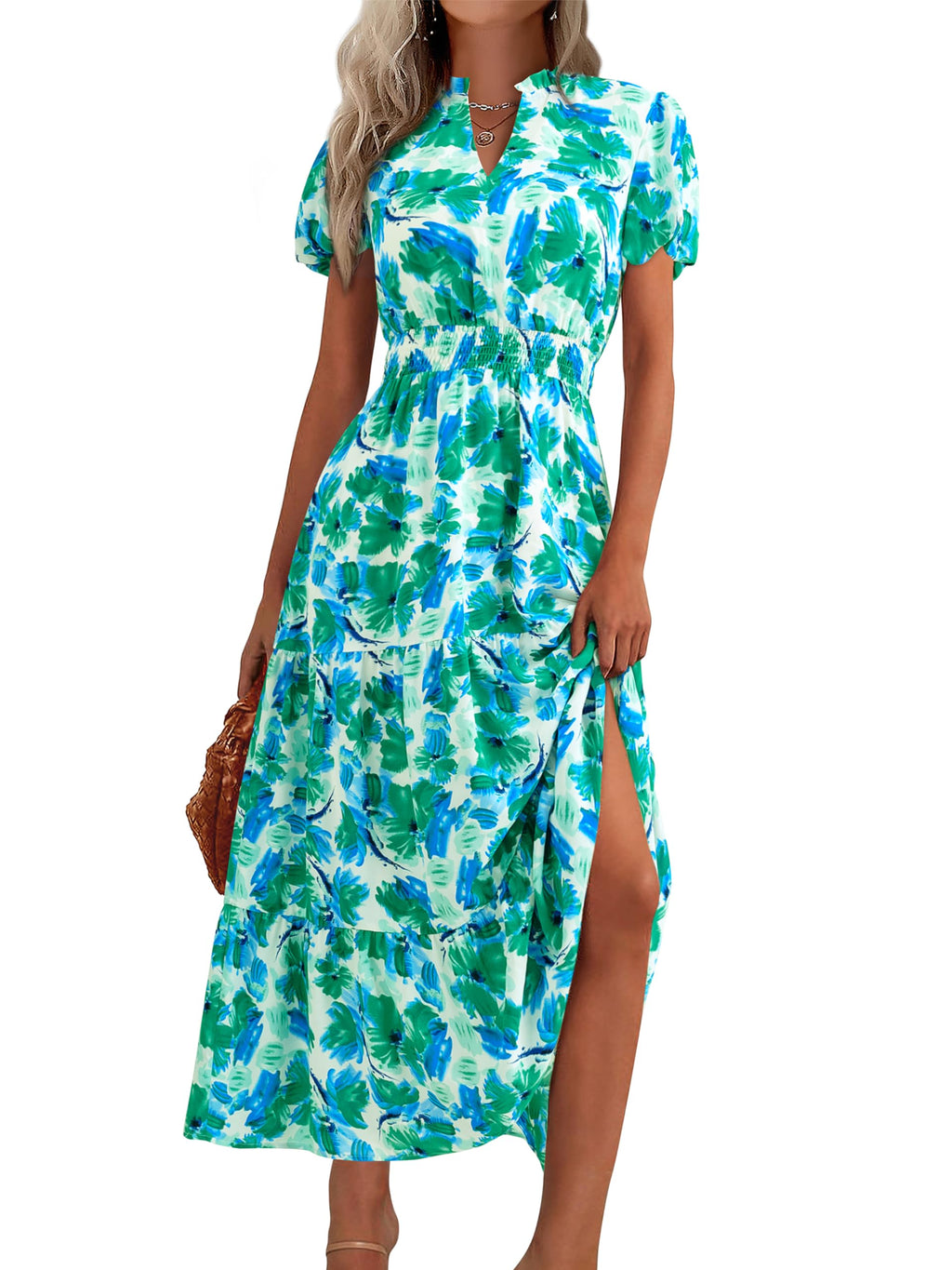 PRETTYGARDEN Summer Maxi Dresses for Women  Casual V Neck Puff Short Sleeve Smocked Flowy Beach Boho Long Floral Dress