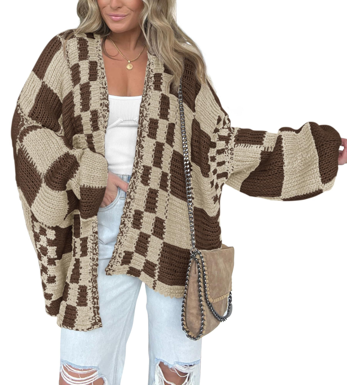 BTFBM Casual Cardigan Sweater for Women Fall Long Sleeve Sweaters Fall Outfits, Loose Fit,Solid,Open Front Chunky Knit Sweaters,Chunky Cardigan Sweaters For Women,Checkered Outwear Coat