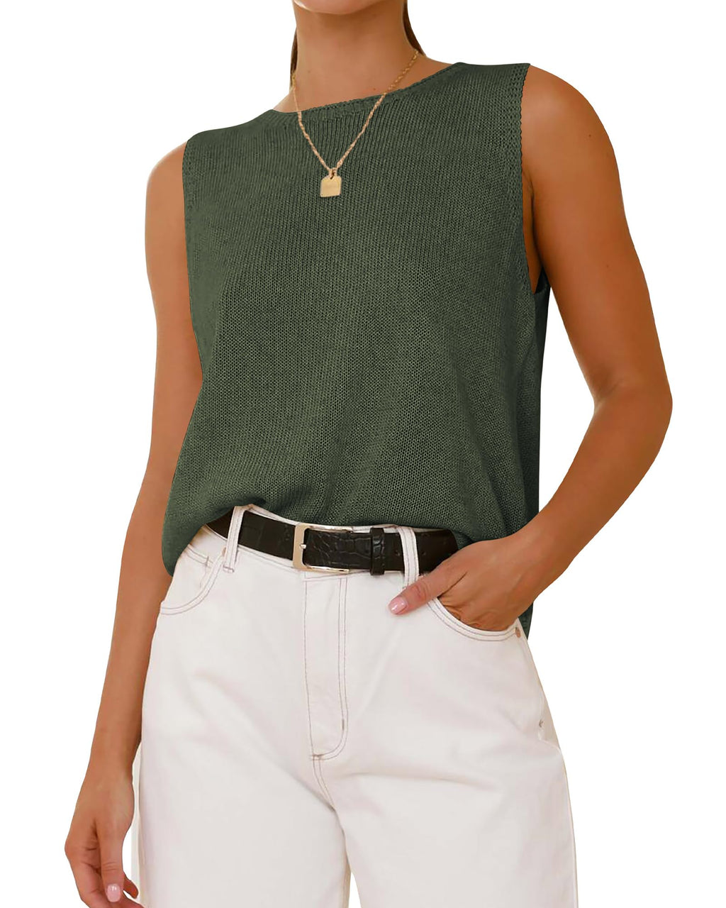 FreshPretty Women's Sleeveless Sweater Vest Summer Crew Neck Ribbed Knit Lightweight Pullover Casual Loose Fit Tank Tops