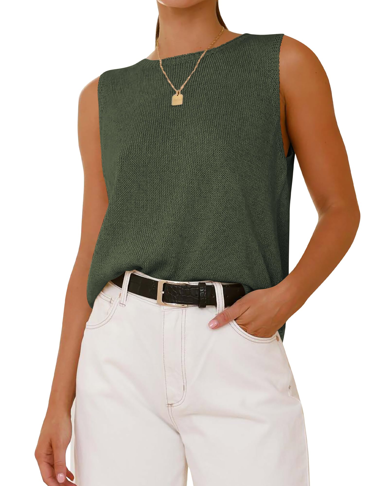 FreshPretty Women's Sleeveless Sweater Vest Summer Crew Neck Ribbed Knit Lightweight Pullover Casual Loose Fit Tank Tops
