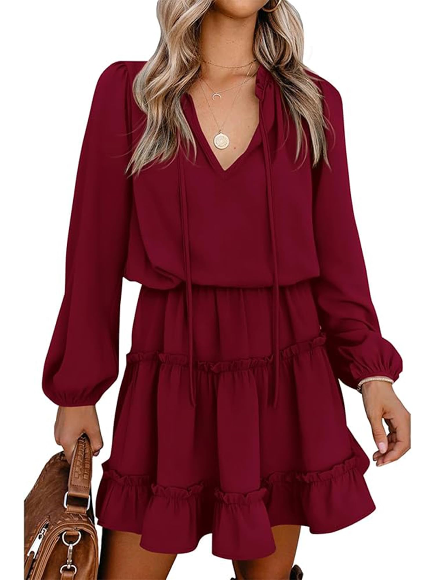 BTFBM Long Sleeve Summer Dresses for Women Casual Tie Neck Ruffle Tiered A Line Mini Spring Wedding Guest Dress