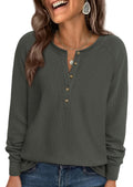 PRETTYGARDEN Women's Long Sleeve Waffle Knit Shirts Fall Casual Button Up Henley V Neck Tunic Tops Loose Fit Basic Tees